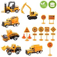 Unihoh Kids Construction Toys - Kids Toy Construction Trucks, 6 Pcs diecast Construction Vehicles Toddlers for Boys Small Kid with 10 Traffic Sign, Mini Engineering Trucks Set for Age 3 Years and Up