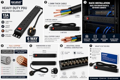 DKURVE 6 Way Horizontal 13a Power Distribution Unit (PDU) Power Strip Electric Charging Station. Heavy Duty (UK PLUG)