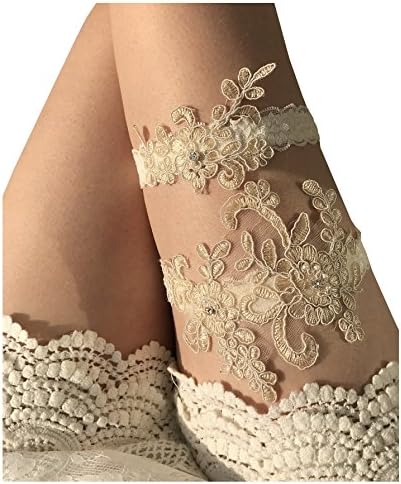 YuRong Wedding Garter Set Beaded Lace Garter Set Bridal Lace Garter Wedding Gift G01 (Champagne)
