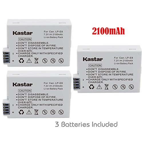 Kastar LPE8 Battery (3-Pack) for Canon LP-E8, LC-E8E, Canon EOS 550D, EOS 600D, EOS 700D, EOS Rebel T2i, EOS Rebel T3i, EOS Rebel T4i, EOS Rebel T5i Cameras and BG-E10 Grip