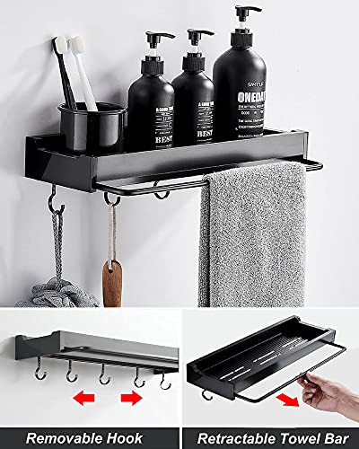 Bathroom Shower Shelf, No Drilling Aluminum Black Bathroom Shelves for Wall, Multifunctional Wall Mounted Adhesive Bathroom Shelf with Towel Rack & 4 Removable Hooks for Bathroom, Kitchen, Toilet
