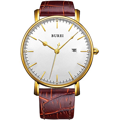 BUREI Men's Fashion Wrist Watches Ultra-Thin Analog Quartz Datejust Dial with Leather Strap (Rose Gold-1)