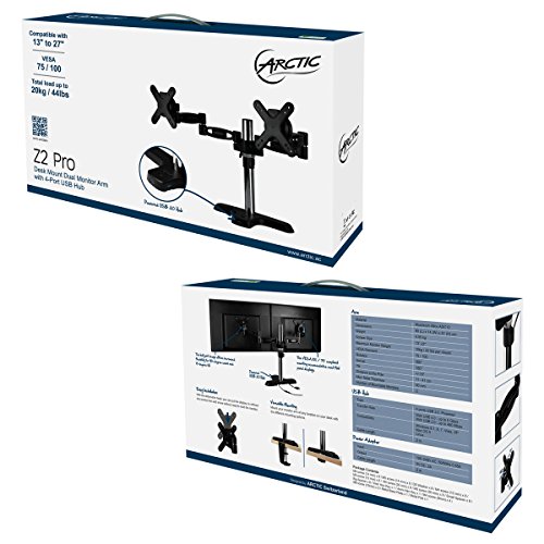 ARCTIC Z2 Pro (Gen 2) - Desk Mount Dual Monitor Arm with 4 Ports USB 3.0 Hub for 13-27 inch I Up to 10kg weight capacity I 360 degree rotation - Black