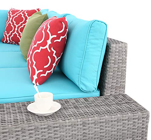 Do4U 6 PCs Outdoor Patio PE Rattan Wicker Sofa Sectional Furniture Set Conversation Set- Turquoise Seat Cushions & Glass Coffee Table| Patio, Backyard, Pool| Steel Frame (5828-GRY-TRQ) - Thumbnail 4