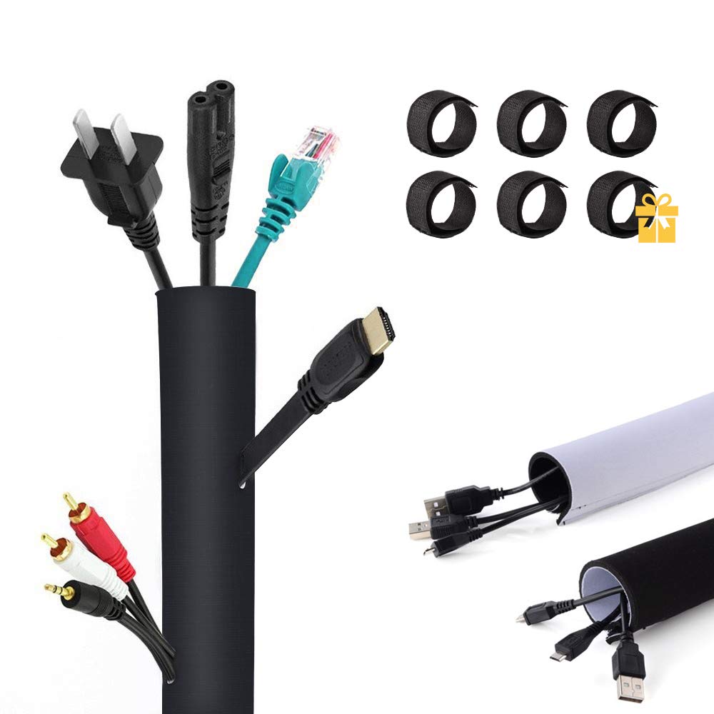 Cable Management Sleeve with 6 Wire Ties, Neoprene Cable Organizer Wrap Flexible Cord Cover Wire