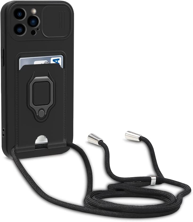 Esakycn Crossbody Case for iPhone 12/12 Pro 6.1" with Camera Cover, Phone Case Silicone with Roating Ring Stand, Card Holder with Adjustable Strap Cord Lanyard Shockproof Protective Cover. Black