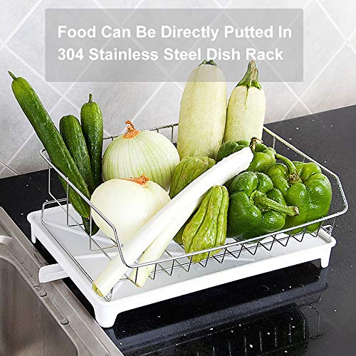 Dish Drying Rack, 304 Stainless Steel Over Sink Dish Drainer, Dish Racks with Drain Board Utensil Holder, Removable Plastic Cutlery Tray,Dish Rack in Sink or On Counter with Utensil Drying Rack