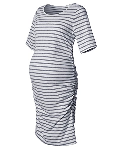 Maternity Dress,Bodycon Maternity Clothes for Women,Casual Short Sleeve Ruched Sides,Grey and White Stripe S