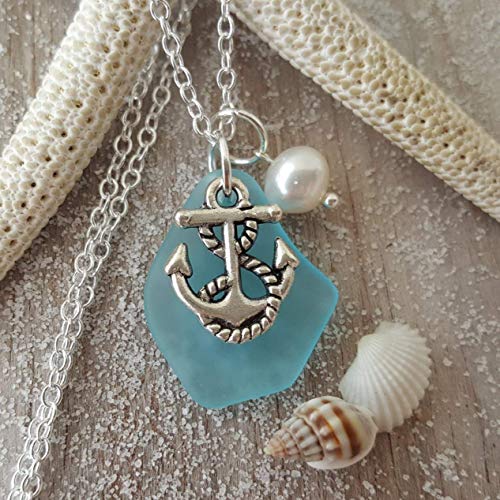 YInahawaii Handmade Turquoise Bay Blue sea glass necklace, anchor charm, Natural pearl, December Birthstone ", (Hawaii Gift Wrapped, Customizable Gift Message) - Thumbnail 7