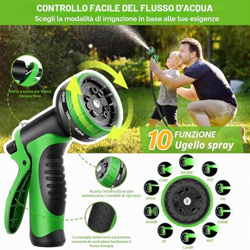 Garden Hose 15 m with 10 Modes Irrigation Gun | TPE Lightweight Anti-Tangle Kit | For Irrigation and Car Wash, Brass Connections 1/2" & 3/4" | Aluminium/Copper Adapter