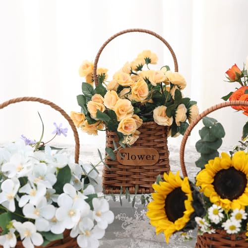 Set of 4 Flower Basket with Handle, QENUIITEA Imitation Rattan Woven Picnic Basket with Plastic Waterproof Lining, Flower Girl Baskets for Wedding Valentine\'s Day, Storage Basket for Home Decor