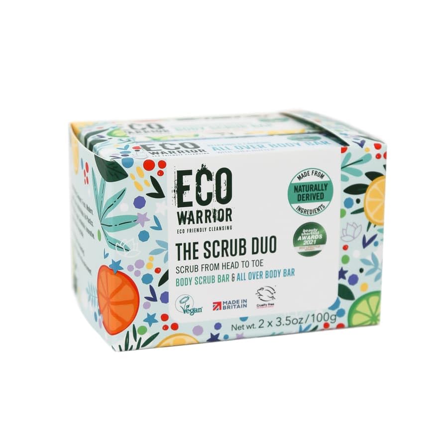 Eco Warrior The Scrub Duo Body Soap Bar Pack (100g x 2) | Natural, Vegan, Cruelty Free, No SLS or Parabens | Exfoliating Body Scrub Bar and Moisturising All Over Body Bar | Mothers Day Gifts for her