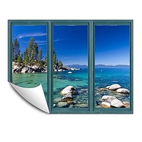 Wall Murals for Bedroom Fake Window Beach Blue Window Removable Wallpaper Peel and Stick Wall Stickers - 24x32 inches