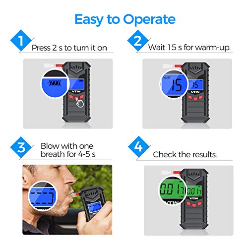 vtin Breathalyzer Rechargeable, [Upgraded] Foldable Breathalyser with 10pcs Mouthpieces, Professional-grade Accuracy/Semi-conductor Sensor/LCD Display, Portable for Personal & Home Use