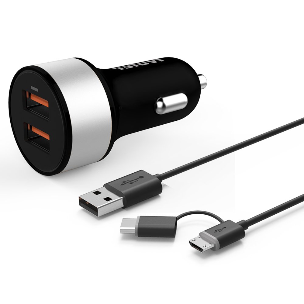 QC 3.0 Puerto + Qsmart Puerto 5V/2.4A 1m Negro/Plata con Cable 2 en 1