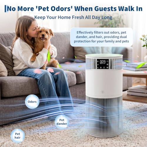 Purificateur d'air avec HEPA + filtre à charbon actif, CADR 490 m³/h pour jusqu'à 50 m², voiture et application, mode veille silencieux 24 dB, affichage PM2,5, aromathérapie, minuterie, sécurité