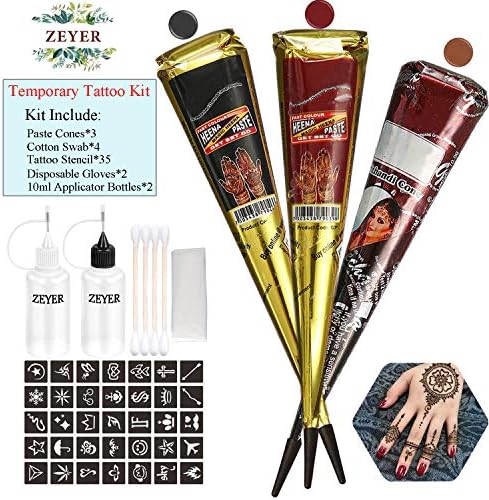 ZEYER Temporary Tattoo Kit,Conical Temporary Body Art Tattoos Painting with Three Color Paste Tattoo Cones,35Pcs Tattoo Stencils,2Pcs 10 ml Applicator Bottle