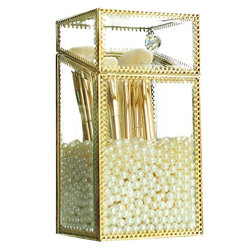 Mirrored Makeup Brush Holder, Clear Glass Cosmetic Storage Box with Lid