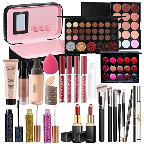 All in One Makeup Kit for Women Full Kit Holiday Gift Box Essential Multipurpose Bundle Include Eyeshadow Concealer Lipstick Lip Gloss Mascara Eyeliner Eyebrow Pencil Lip Balm Face Powder - Full Makeup Kit for Women (Box1)