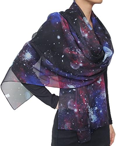 Fashion Nebula Galaxy Twinkle Stars Pale Planet Print Chiffon Scarf Black