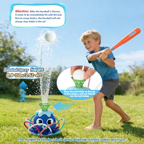 Fagalil Water Sprinkler Baseball Toy, Octopus Kids Water Sprinklers T Ball Set with Bat 4 Balls 2 in 1 Summer Outside Toys Backyard Lawn Games for Kids Outdoor Play Toys Ages 3-12 (Blue)