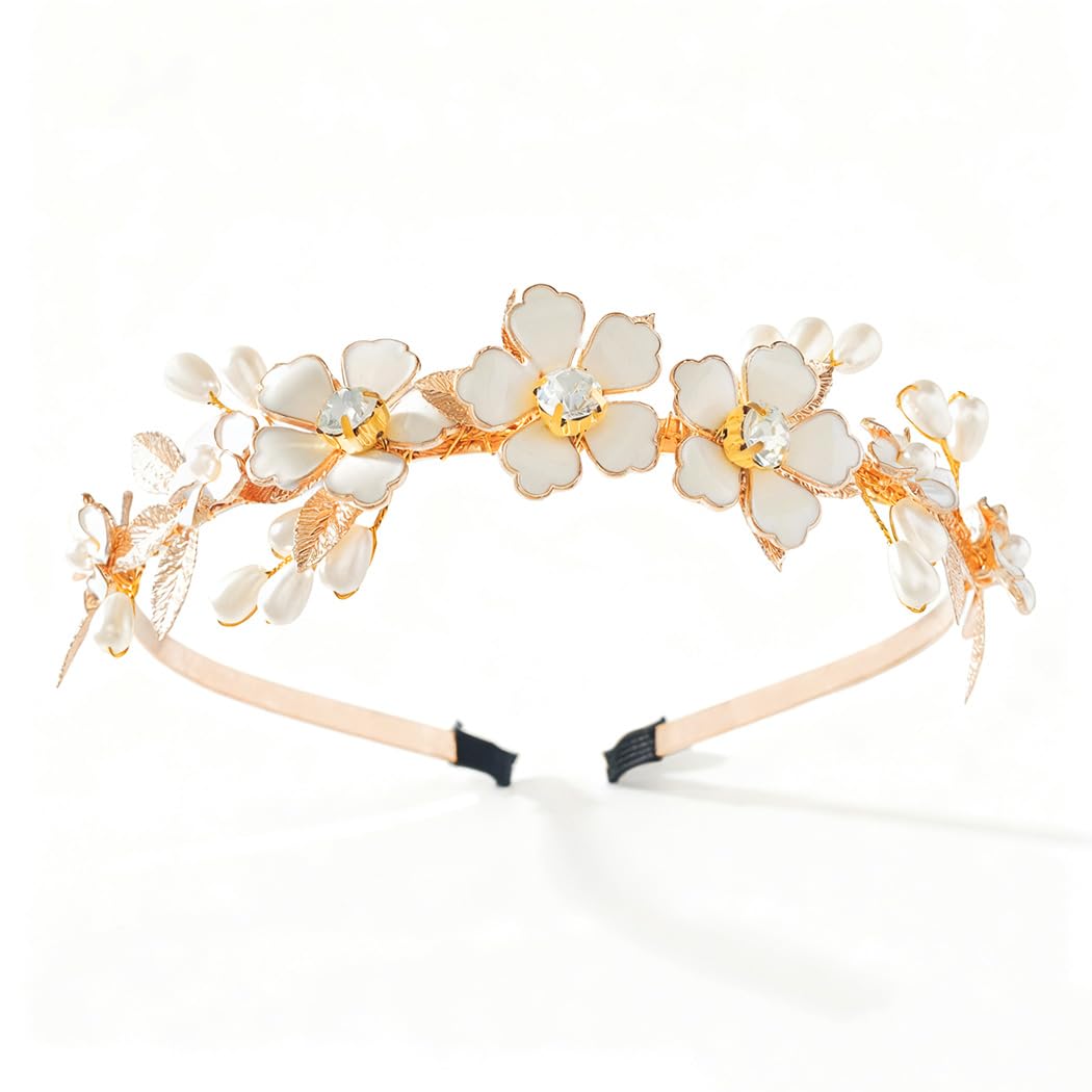 IYOU Flower Girl Wedding Headband Floral Gold Bridal Hair Bands Pearl Prom Communion Bride Hair Accessories for Women