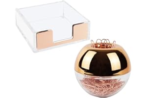 NATSUMEBASICS Rose Gold Magnetic Paper Clip Holder 3x3 Sticky Note Holder Set, Clear Acrylic Post a Note Dispenser and Paperclip Holder include 100 paper clips for Desktop Accessories Organizers (Rose Gold)