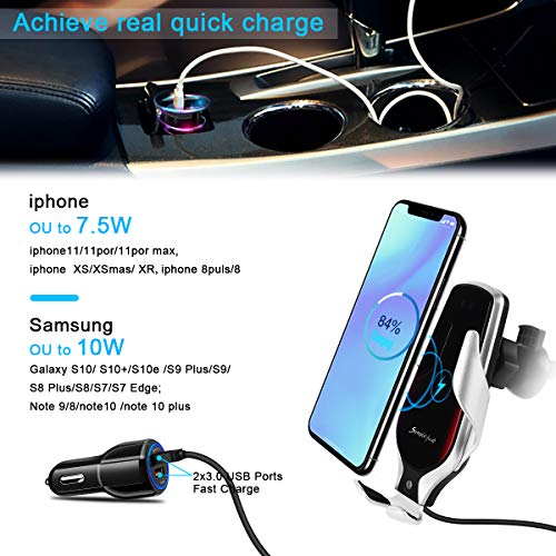 Smart Sensor Wireless Car Charger Mount, Automatic Clamping QC/QI 10W Fast Charging Car Charger Holder Compatible with iPhone 11/Xs/Xs Max/XR/X /8,Samsung Galaxy Note 9/ S9/ S9+/ S8 etc(Silver) - Thumbnail 3