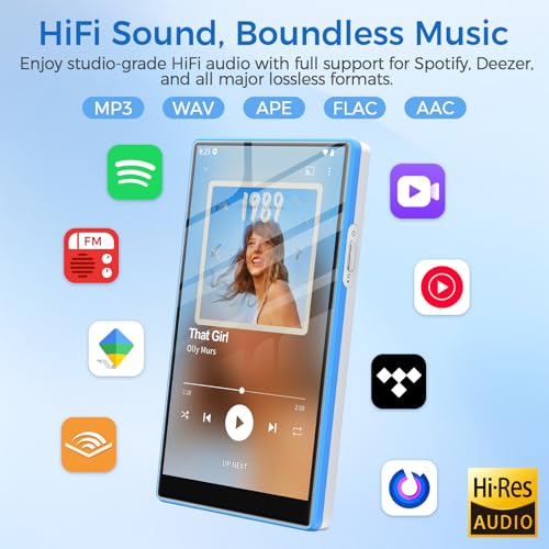AGXOV Lettore MP3 con Wi-Fi & Bluetooth, 5 Pollici Touchscreen MP4 Player, 96GB Lettore Musicale Android con Spotify, Amazon Music, Deezer, Radio FM, Registratore Vocale, E-book Reader, Blu & Bianco
