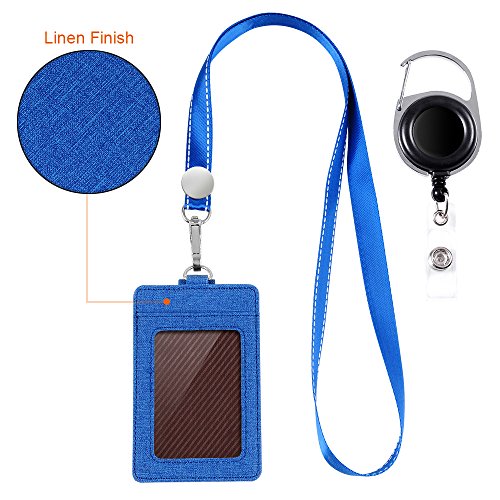 Life-Mate Badge Holder - Leather ID Badge Card Holder Wallet Case with 3 Cards Slot and Neck Lanyard/Strap. Additional Retractable Badge Reel with Belt Clip (Blue, Linen Finish)