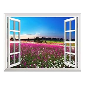 Removable Wall Sticker/Wall Mural - Sunrise Over a Blossoming Field | Creative Window View Wall Decor - 36"x48"