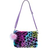 Fuzzy Plush Leopard Crossbody Purse for Girls Kids Rainbow Faux Fur Shoulder Bag Handbag Wallet with Pompom