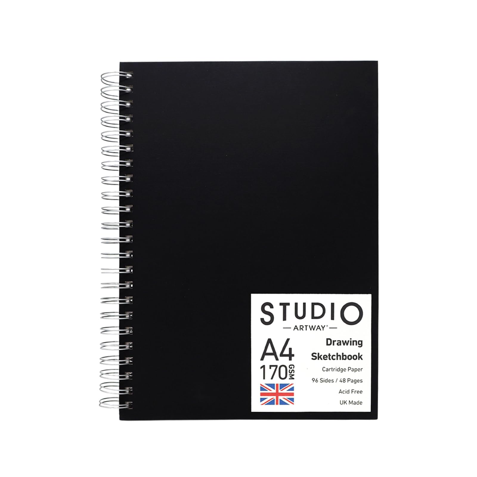 Artway Studio A4 Spiral Bound Sketchbook - Portrait - 48 Pages (96 Sides) of 170gsm Cartridge Paper - Black Hardcover Drawing Pad for Sketching, Drawing & Illustration