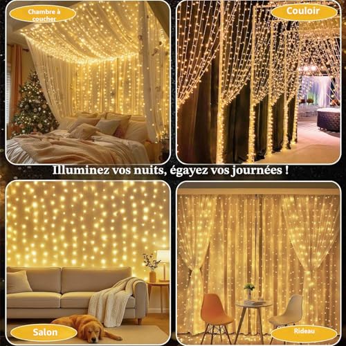 Joycome Light Curtain, 6 x 3 m, 600 LEDs, Mains Powered Light Curtain, 8 Modes String Lights for Interior, Outdoor, Wall, Bedroom, Ceiling, Balcony, Wedding Decoration – Warm White