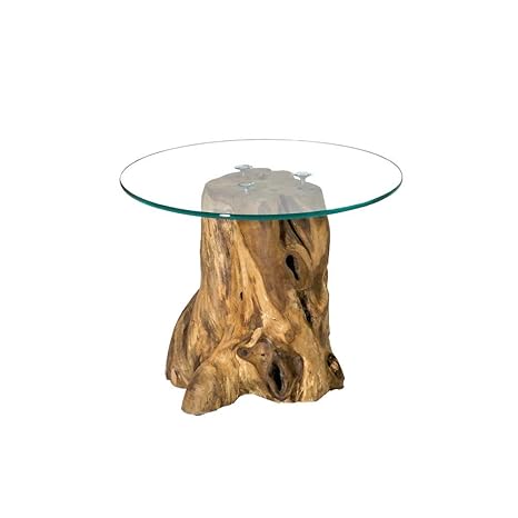 Pharao24 Baumstumpf Beistelltisch mit runder Glasplatte Teak massiv Höhe 50 cm