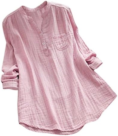 VPASS Women Casual Long Sleeve Tops Loose Stand Collar Linen Tunic V Neck T Shirt Plus Size Breathable Blouse