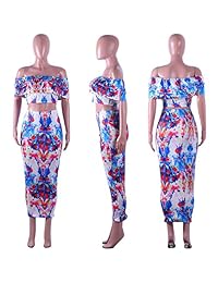 Moda Cluster dama Verano 2pcs Maxi Trajes Envueltos Volantes Crop Top Slit Falda Conjunto Club Vestido
