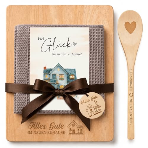 Giftota Housewarming Gifts - New Home Gift with Engraved Wooden Chopping Board, Cotton Kitchen Towel & Cooking Spoon Heart - House Warming, Home & Topping Out Party Gift