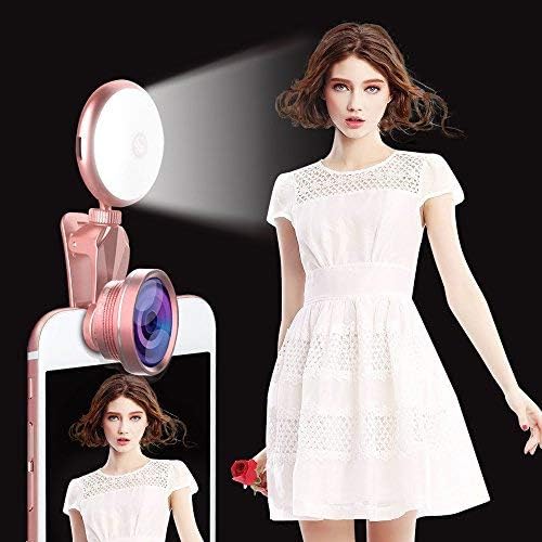 Selfie Light with iPhone Camera Lens,Yomiro 360° LED Flsh Light + 4K HD Wide Angle Lens + 185° Fisheye Lens + 50X Macro Lens, Rechargeable Clip On Selfie Light for Phone, iPhone, iPad, Samsung Gal