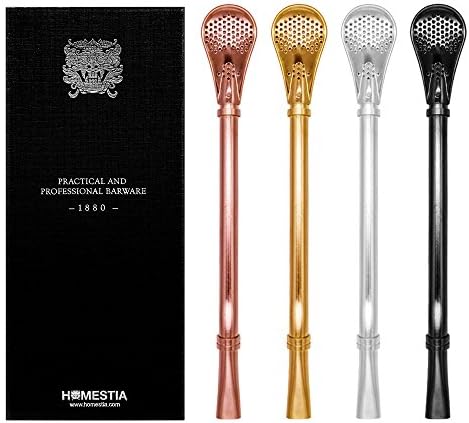 4 Pcs Spoon Straws Set by Homestia - 4 Color Tea Filter Colander Reusable Drinking Straws 18/10 Stainless Steel(Rose,Silver,Gold and Black)