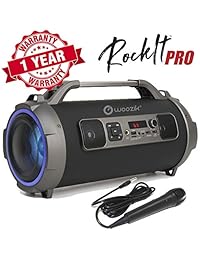 Woozik Rockit Pro Altavoz Bluetooth, Boombox inalámbrico para interiores y exteriores con radio FM y tarjeta micro SD, USB, micrófono y soporte Aux de 0.138 in, micrófono para Karaoke Machine Party, luces LED y subwoofer