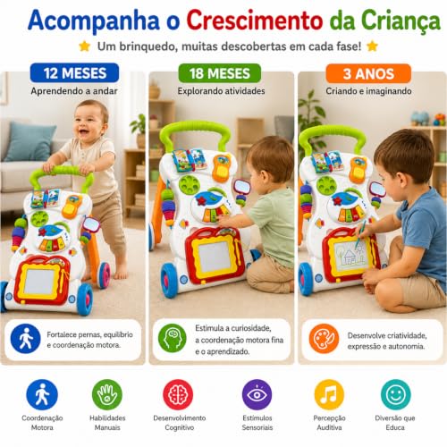 Andador Educativo Musical para Bebê 2 em 1, 12 Meses a 3 Anos | Piano, Lousa Mágica, Telefone, Atividades Interativas, Centro de Atividades para Primeiros Passos