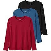 Xelky Womens Cotton Long Sleeve Shirts Workout Round Neck Casual Tops T-Shirt Plain Basic Soild Tee 3 Pack