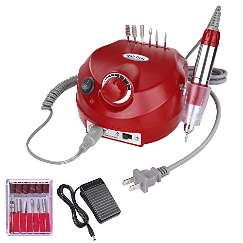 AW 30000RPM Electric Acrylic Nail Drill Manicure Pedicure Kit Pedal File Buffer Set w/ 6 Bits Beauty Salon Red