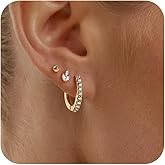Risamil 14K Gold Plated 3 Pairs Earrings for Women Dainty Small Hoop Set Cute Cz Stud Huggie Flat Back Trendy Cartilage Earring Jewelry Gift