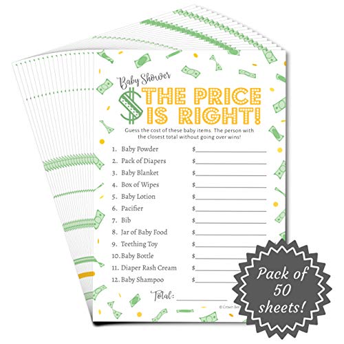 Crown Bee Printworks Price is Right Baby Shower Game - Fun Baby Shower Game - Coed Baby Shower Game for Boys, Girls, or Gender Neutral - Green and Gold - Set of 50 Baby Shower Games