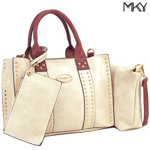 Women Handbag 3 Pieces Set Leather Shoulder Bag Satchel Purse 3 in 1 Simple Design Beige/Coffee