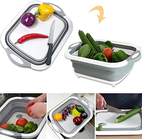 Collapsible Fold Cutting Board with Dish Tub Space Save Folding Washing Bowl Draining Basket Basin Sink Colander with Plug Chopping Slicing Board Wash Strainer for Camping Picnic BBQ Kitchen (Style-1)