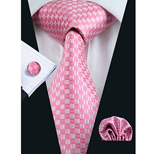 Hi-Tie Mens Pink Plaid Silk Tie Hanky Cufflinks set (Plaid)