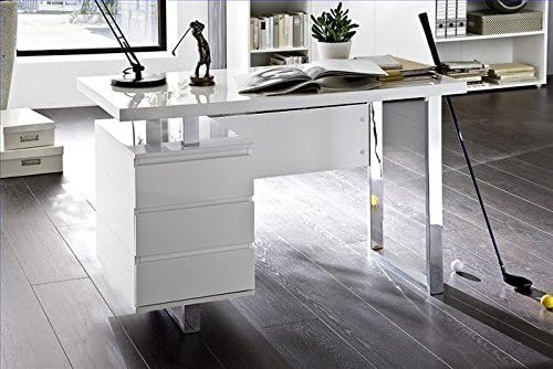 ModaNuvo Computer Office Desk Full White High Gloss & Chrome with Drawers